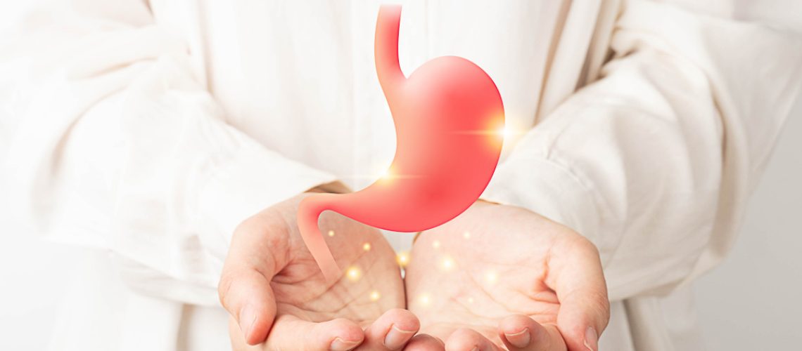 Healthy stomach organ hologram on human hands. Concept of gastri