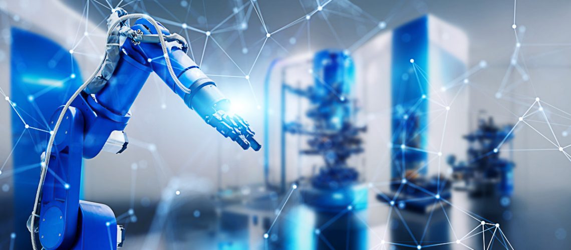 工場のロボットアームと通信ネットワーク　FA